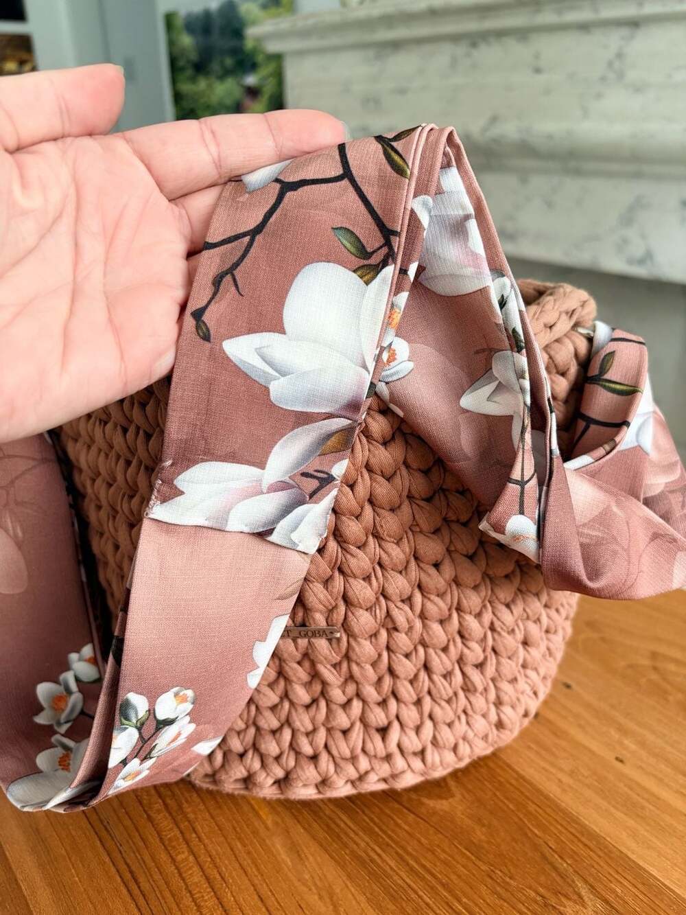 Handmade Boho Cottagecore Crochet Bucket Bag with Floral Print Ribbon Strap - Picture 3 of 9